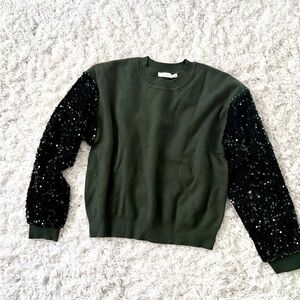Lush Green Sweater with Dark Green Sequin Sleeves